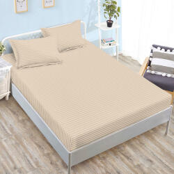 Ralex Pucioasa Husa de pat damasc crem latte cu dungi fine 160x200 180x200 + 2 fete perna (RPU-96871)