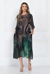 SHOPIKA Rochie eleganta satinata A-line cu imprimeu abstract si croi lejer fluid, verde-inchis-negru-auriu Talie unica