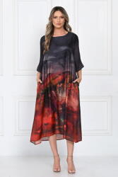 SHOPIKA Rochie eleganta satinata A-line cu imprimeu artistic si croi lejer fluid, negru-rosu-bordo Talie unica