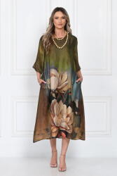 SHOPIKA Rochie eleganta satinata A-line cu imprimeu floral artistic si croi lejer fluid, verde-olive-maro-bej Talie unica