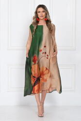 SHOPIKA Rochie eleganta satinata A-line cu imprimeu floral artistic si croi lejer fluid, verde-bej-caramel Talie unica