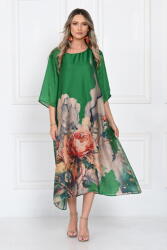 SHOPIKA Rochie eleganta satinata A-line cu imprimeu floral artistic si croi lejer fluid, verde-bej Talie unica