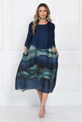 SHOPIKA Rochie eleganta satinata A-line cu imprimeu artistic si croi lejer fluid, bleumarin-turcoaz Talie unica