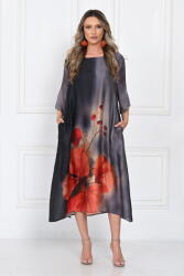 SHOPIKA Rochie eleganta satinata A-line cu imprimeu maci rosii si croi lejer fluid, gri-negru Talie unica