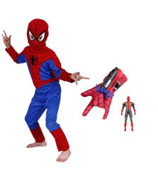 DEPOX Set costum, manusa cu ventuze si figurina Spiderman, marime 5-7 ani, rosu (0579) Costum bal mascat copii