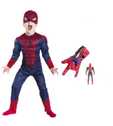 DEPOX Set costum Spiderman cu muschi si manusa cu ventuze si figurina, DEPOX®, marime S, 3 - 5 ani, rosu (0566) Costum bal mascat copii