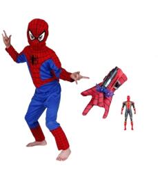 DEPOX Set costum, manusa cu ventuze si figurina Spiderman, marime 7-9 ani, rosu (0580) Costum bal mascat copii