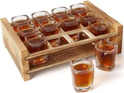 Belle Vous Set 12 pahare de shot Belle Vous, cu tava din lemn ars, 60 ml, suport cu manere, pentru servire bauturi, Transparent/Maro (5060912645763) Pahar
