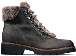 Clarks Velma Hiker női bakancs - prémium velúrbőr fűzős téli cipő - méret 39, 5 - sötétszürke, szőrme bélés, vastag gumitalp, tartós és kényelmes viselet