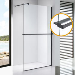 STUXI Milano Plus Black Walk-in zuhanyfal, 130x200 cm, 8 mm vastag vízlepergető biztonsági üveggel, 200 cm magas, matt fekete profillal és távtartóval (TL-6615B-130-TL-6615BC-2-TL-6615BC-3-TL-6615BC-6)