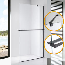 STUXI Milano Easy Plus Black Walk-in zuhanyfal, 90x200 cm, 8 mm vastag vízlepergető üveggel, helytakarékos stabilizátorral, polccal, törölközőtartóval (TL-6615B-90-TL-6615BC-2-TL-6615BC-5-TL-6615BC-6)
