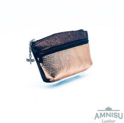 Amnisu Sötétbarna - rosegold kettő cipzáras bőr kulcstartó B9001-2014