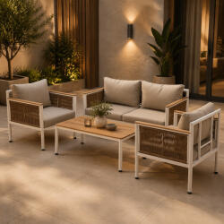 Brius Set mobilier gradina Belgrad 4 piese, cu perne, canapea 2 locuri, 2 fotolii si masa, cadru aluminiu, 129x68x70 cm, bej (ALM-9569)
