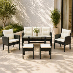 Brius Set mobilier gradina Vaduz 6 piese, canapea 3 locuri, 2 fotolii, 2 tabureti si masa, ratan sintetic, blat sticla, negru si crem (SAD-9583)
