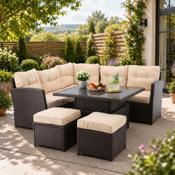 Brius Set mobilier gradina coltar 5 piese, canapea colt, 2 tabureti si masa reglabila pe inaltime, ratan PE, 179x69x73 cm, maro si crem (ABI-8205)