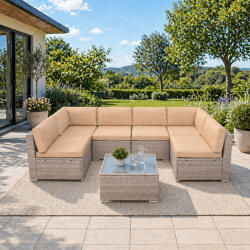 Brius Set mobilier gradina 7 piese, canapea modulara colt L sau U, perne groase, masa cu blat sticla, technoratan, bej (GF-0064A)