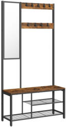 VASAGLE Előszoba fogas polccal, akasztókkal, tükörrel, cipőtartóval és ülőkével, rusztikus barna 98x36x185cm