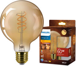 Philips LED izzó E27 gömb alakú G95 7.3W = 60W 806lm 2200K Meleg CRI90 300° IZZÓFŰSZERES Vintage borostyánszínű, szabályozható dekoratív Philips (8721103049117)