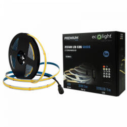 ECOLight LED szalag COB 7W/m 630lm/m 320LED/m 24V 6000K Hidegfény IP20 5m-es tekercs + tápegység + Ecolight távirányító (ECOTAS4164)