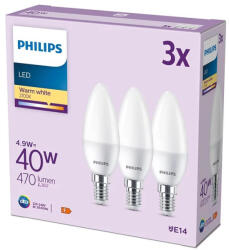 Philips 3 db LED-es gyertyakörte készlet E14 B35 4, 9W = 40W 470lm 2700K meleg matt PHILIPS (8719514460010)