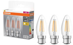 OSRAM 3x LED izzó B35 gyertya B22d 4W = 40W 470lm 2700K Meleg 300°-os foglalat Osram (4058075654372)
