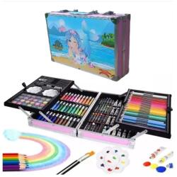  Set de Pictura si Desen pentru Copii WePro Store, 145 de piese, Cutie Metalica, 3 ani +, Albastru, Model Sirena (DF-207)