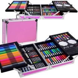  Set de pictura si desen pentru copii WePro Store, 145 de piese, Cutie Metalica, 3 ani +, Roz (DF-61)