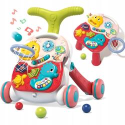  Antemergator interactiv cu sunete si lumini 3 in 1 WePro Store, Inaltime si viteza reglabile, Masuta si tabla Interactiva, Cos pentru mingi, Jucarii zornaitoare, 6-18 luni, Rosu (DF-48)