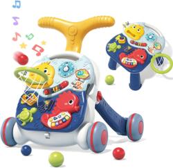  Antemergator interactiv cu sunete si lumini 3 in 1 WePro Store, Inaltime si viteza reglabile, Masuta si tabla Interactiva, Cos pentru mingi, Jucarii zornaitoare, 6-18 luni, Albastru (DF-47)