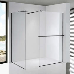 STUXI Milano Kombi Plus 1 Black Walk-in zuhanyfal, 140x130 cm, 8 mm vastag vízlepergető biztonsági üveggel, polccal és törölközőtartóval (TL-6615-140-130-TL-6615B-22-TL-6615B-4-TL-6615B-6)
