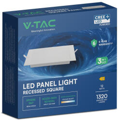 V-TAC CREE SMD süllyeszthető, műanyag IP20, négyzet LED panel 12W, CCT - SKU 104836 (104836)