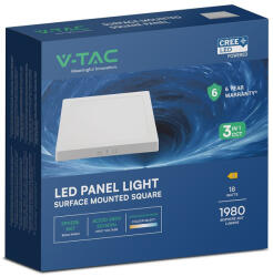 V-TAC CREE SMD felületre szerelhető, műanyag IP20, négyzet LED panel 18W, CCT - SKU 104986 (104986)