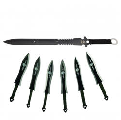 DEPOX Set sabie de vanatoare Last Ronin si sase cutite de aruncat, otel inoxidabil, negru (0691)