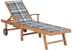 vidaXL Sezlong cu perna gri model carouri, lemn masiv de tec GartenMobel Dekor (3063020)