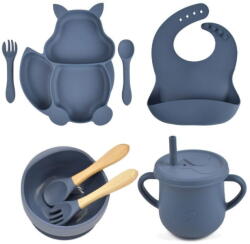 Empria® Set complet din silicon fara alergeni pentru diversificare bebe, Empria, Veverita, Albastru (SetSilic4BucVeveBL) Set pentru masa bebelusi