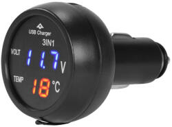 Autolife Autós USB-s töltő, voltmérővel és LCD digitális hőmérővel 12/24V, Autolife 13207