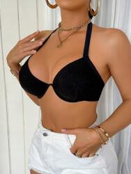 Shein Fekete Texturált Klasszikus Bikini Felső Shein Nyakba Kötve 38D