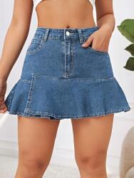 Shein Kék Farmerszoknya Zsebekkel Mini Fodros Cipzárral Shein S