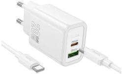 hoco. N61 Променливотоково зарядно устройство USB+Type-C гнездо 20W, PD бързо зарядно устройство 3.0 + Type-C кабел, БЯЛО N61_USB_TYPEC_TYPEC_W (N61_USB_TYPEC_TYPEC_W)