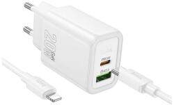 hoco. N61 Променливотоково зарядно устройство USB+Type-C гнездо 20W, PD бързо зарядно устройство 3.0 + Lightning кабел, БЯЛО N61_USB_TYPEC_LIGHTNING_W (N61_USB_TYPEC_LIGHTNING_W)