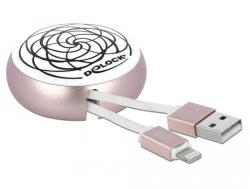 Delock USB 2.0 прибиращ се кабел тип A Lightning 8-pin, бял / бледо розов