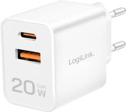 LogiLink Двойно USB зарядно устройство, 20 W, GaN, 1x USB-C (PD), 1x USB-A, бяло