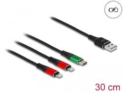 Delock 30 см дълъг USB кабел за зареждане 3-в-1 тип А за 2 x Lightning и USB Type-C връзка