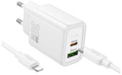 hoco. N63 Променливотоково зарядно устройство USB+Type-C гнездо 30W, PD бързо зарядно устройство 3.0 + Lightning кабел, БЯЛО N63_USB_TYPEC_LIGHTNING_W (N63_USB_TYPEC_LIGHTNING_W)