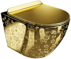 Spectrum Set WC suspendat Spectrum, Trendi Slim, rimless, cu capac soft close, auriu cu model floral (26526)