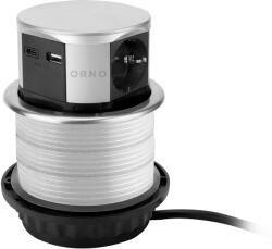 ORNO Priză de birou verticală cu încărcător USB Ø10cm, cablu de 1.5m, 3x2P+E (Schuko), 2xUSB (tip A+C; max. 3A), argintiu (O-OR-GM-9049-GS-_G)