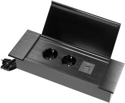 ORNO Priză de mobilier încastrată cu margine fresată plată, capac rabatabil, încărcător USB și cablu de 1, 5 m, 2x2P+E (Schuko), 2xUSB (tip A+C; 3, 6A), negru (O-OR-GM-9048-GS-_B)