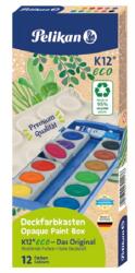 Pelikan Vízfesték készlet 12db-os PELIKAN K12 Eco prémium iskolai vízfesték + 7, 5 ml-es fedőfehér, 30mm-es festékgombok