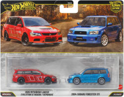 Mattel Hot Wheels: Deluxe 2005 Mitsubishi Lancer Evolution IX Wagon și 2004 Subaru Forester STI, set de 2 mașinuțe 1/64 - Mattel (HBL96/JHW46)