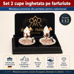 Reutter Porzellan Set 2 cupe inghetata pe farfuriute din portelan cu aur 24K, miniatura 1: 12 pentru colectionari (VR14115)